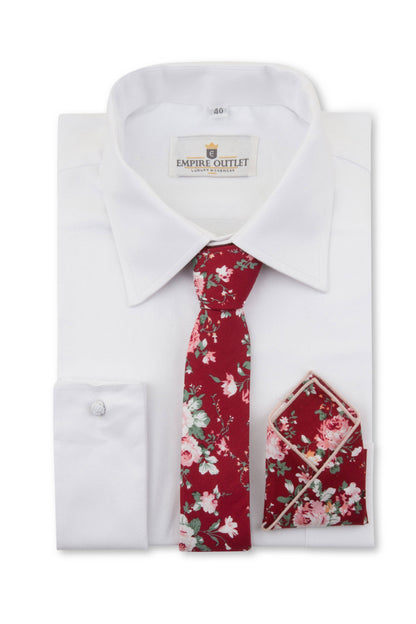Close up on Red Floral Tie, Bow Tie & Pocket Square Set on a white shirt