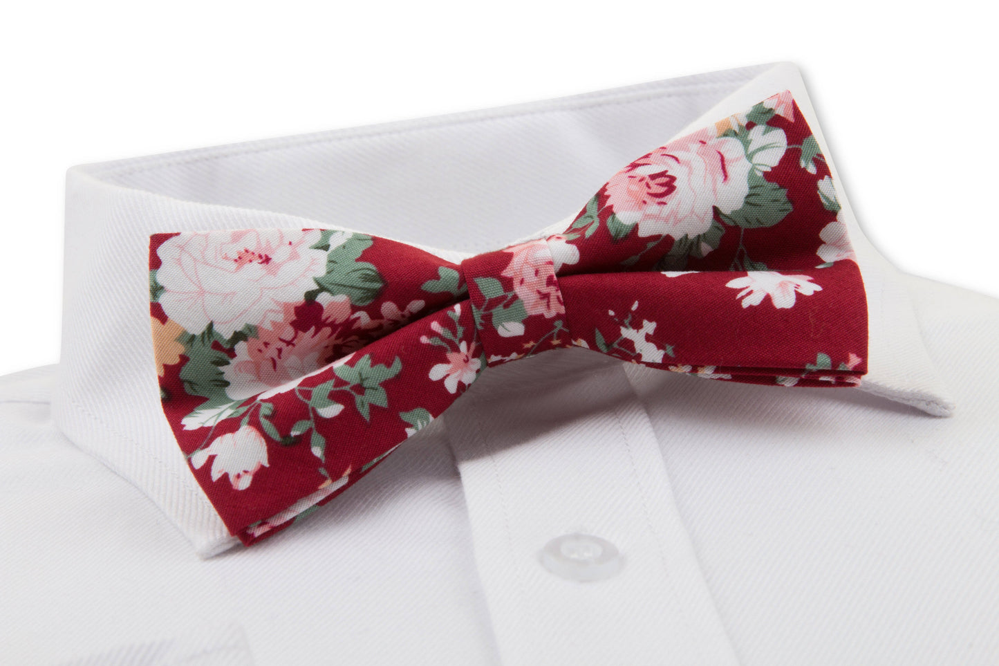 Close up of Red Floral Bow Tie on a white shirt