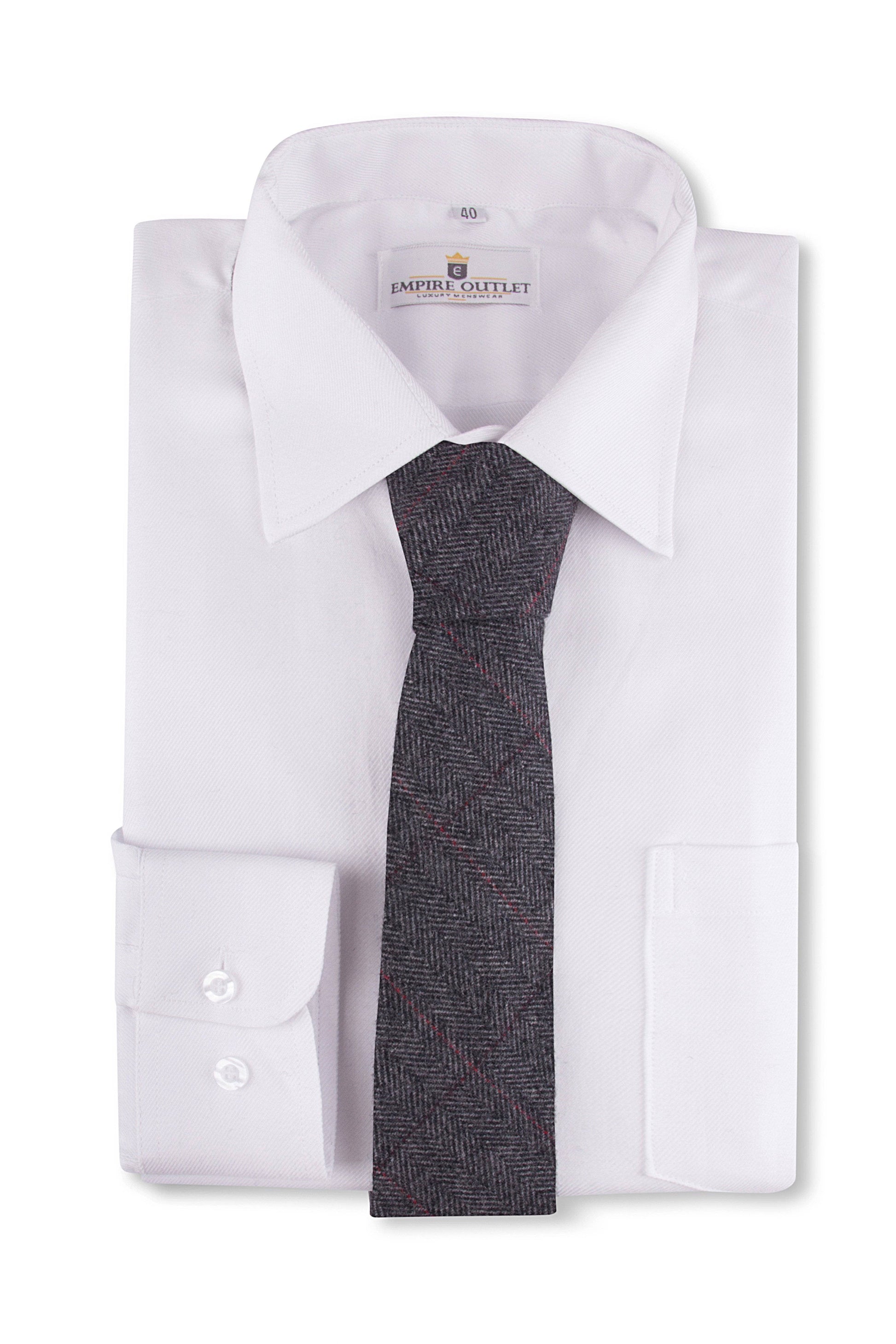 Traditional Grey Estate Herringbone Tweed Tie on a White single cuff shirt