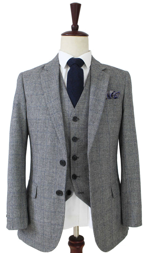 Grey Blue Prince of Wales Tweed 3 Piece Suit